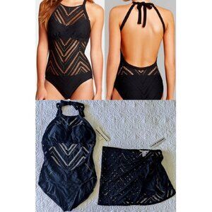 2 piece Set Robin Piccone Raquel Open Back Lace Cutout Swimsuit & Cover-Up Pareo